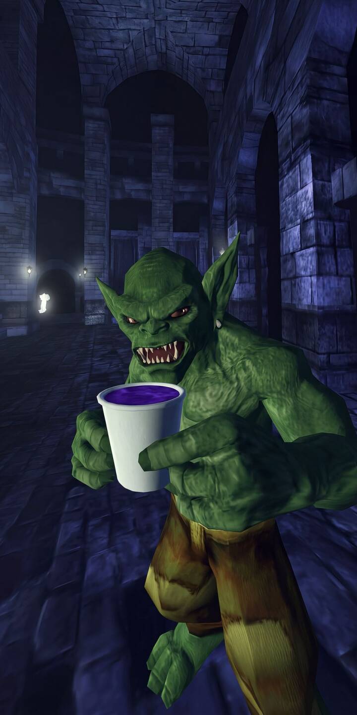 A menacing green goblin with glowing red eyes and sharp fangs holds a cup of mysterious purple liquid, seemingly offering it to the viewer in this eerie 4K wallpaper — a perfect dark fantasy wallpaper for iPhone users. | dark iphone fantasy wallpaper mobile 4k wallpaper hd wallpaper dungeon menacing goblin creature purple drink A menacing green goblin with glowing red eyes and sharp fangs holds a cup of mysterious purple liquid, seemingly offering it to the viewer in this eerie 4K wallpaper — a perfect dark fantasy wallpaper for iPhone users.