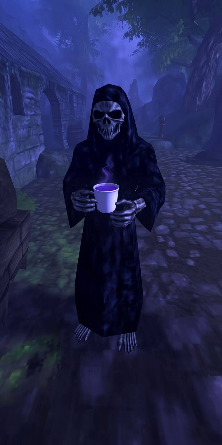 Purple steam gently drifts from the mug held by a stoic Grim Reaper, whose stark skull face and shadowy black robe emerge from a mysterious, misty landscape. This unique 4K wallpaper creates a hauntingly cool wallpaper for your iPhone, perfect for fans of dark fantasy themes. | skeleton death gothic iphone wallpaper coffee mobile mystical 4k wallpaper hd wallpaper dark fantasy grim reaper Purple steam gently drifts from the mug held by a stoic Grim Reaper, whose stark skull face and shadowy black robe emerge from a mysterious, misty landscape. This unique 4K wallpaper creates a hauntingly cool wallpaper for your iPhone, perfect for fans of dark fantasy themes.