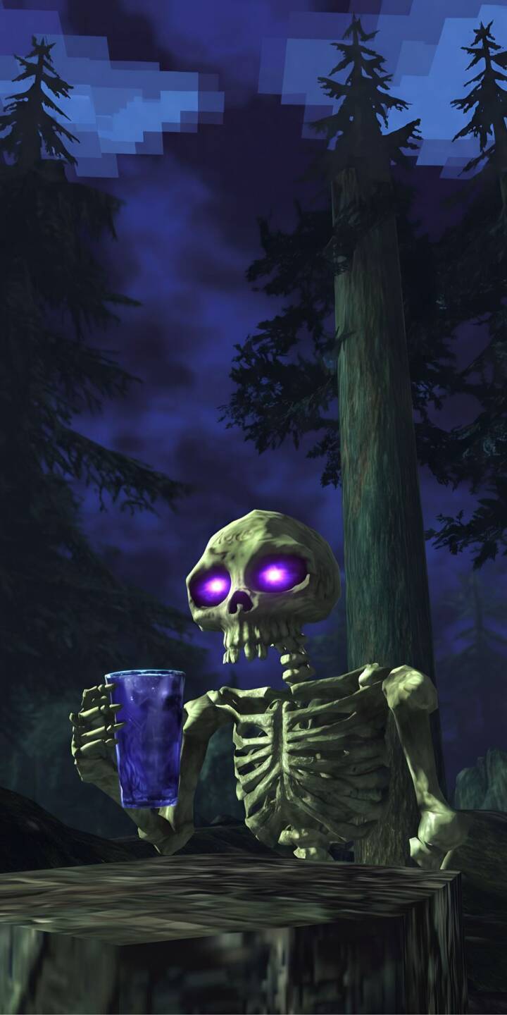 Glowing purple eyes illuminate the dark, pixelated forest as a spooky skeleton holds a mysterious purple drink in this eerie 4K wallpaper. This captivating scene offers a chilling and atmospheric mobile wallpaper for your iPhone. | skeleton skull iphone wallpaper purple eyes mobile pixelated 4k wallpaper hd wallpaper dark forest undead Glowing purple eyes illuminate the dark, pixelated forest as a spooky skeleton holds a mysterious purple drink in this eerie 4K wallpaper. This captivating scene offers a chilling and atmospheric mobile wallpaper for your iPhone.